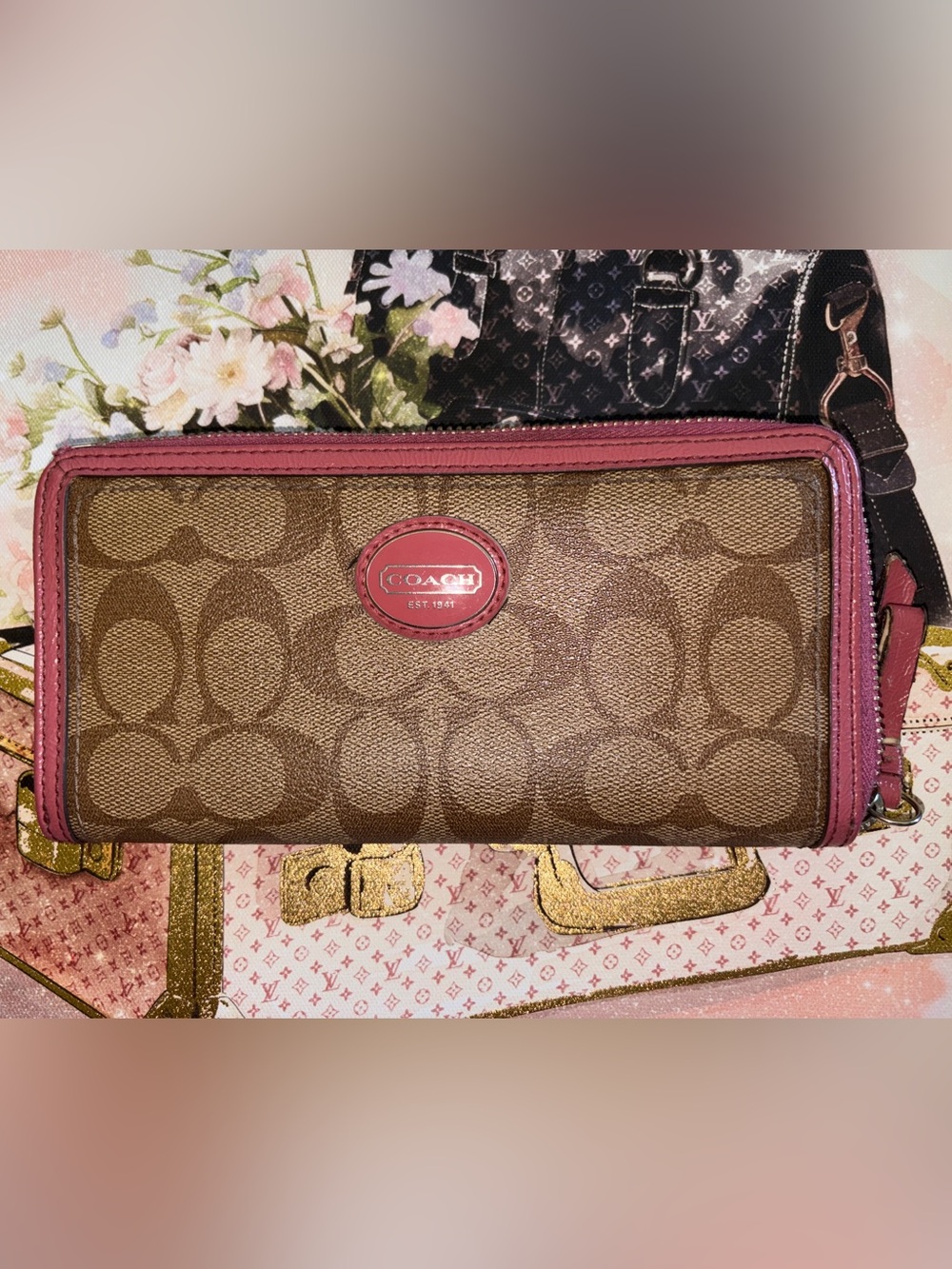 Coach Brown Signature Coated Canvas Zip Closure Wallet with Pink Trim
